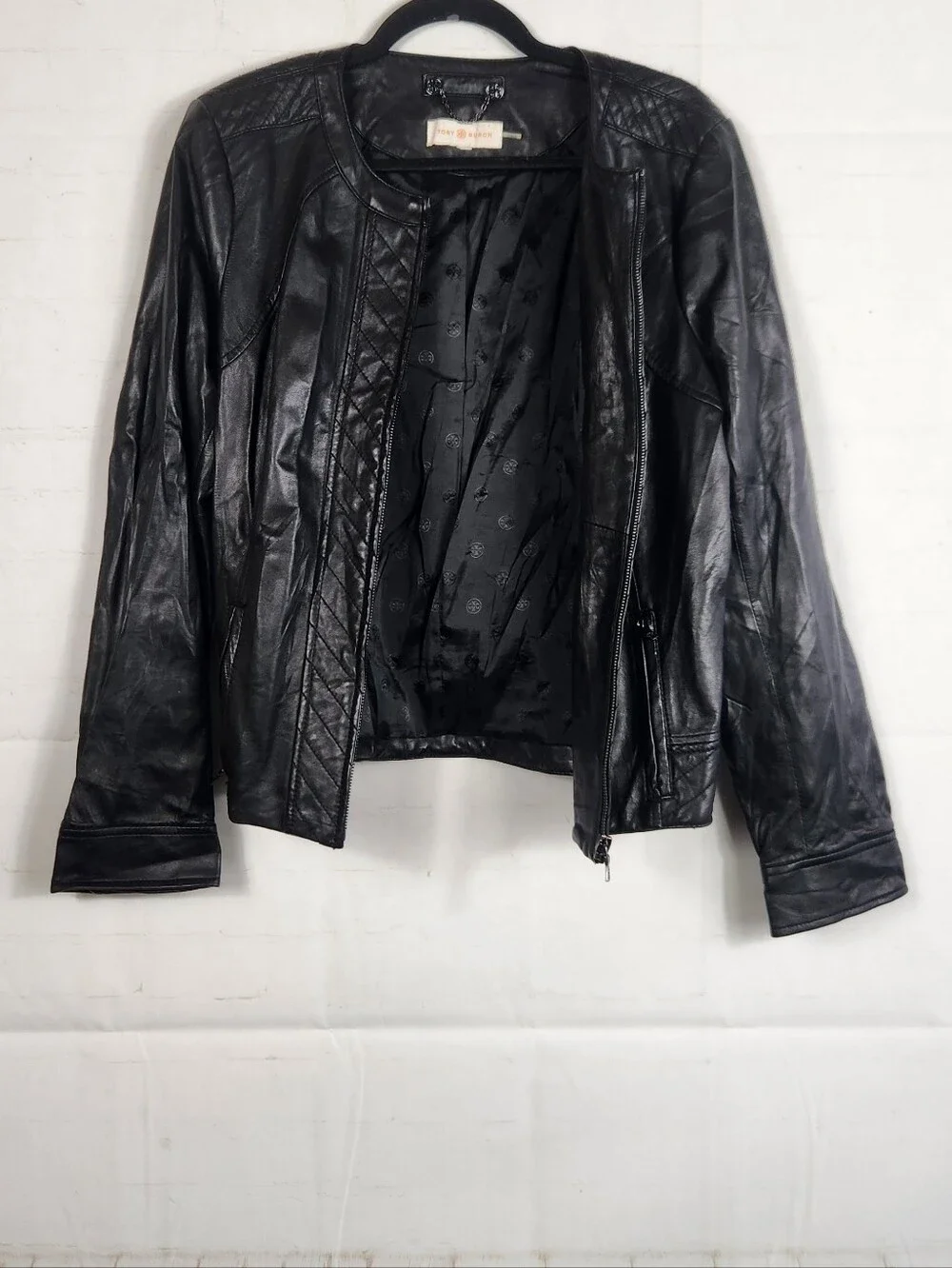 Tory Burch Daphne Black Lambskin Leather Quilted Moto Jacket Size 8-10